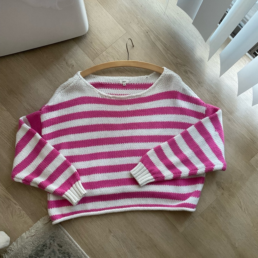 Aerie Pink and White Striped Knit Sweater Size XL